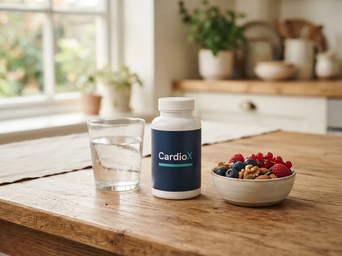 CardioX bottle on a bright kitchen table beside water and fresh fruit as part of a morning routine