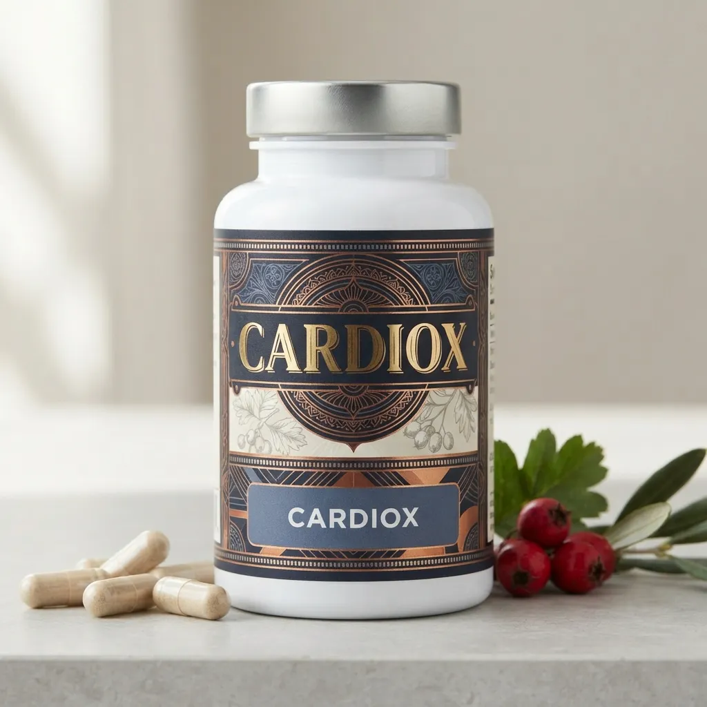 CardioX food supplement bottle with navy label, 60 capsules